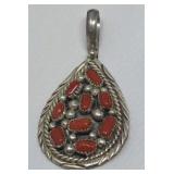 Coral & Sterling Tear Drop Pendant  Signed 17.54g