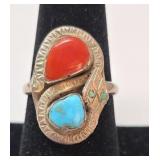 Snake Turquoise, Coral & Sterling Ring Size 8,