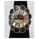 Zuni Sunface Channel Inlay Silver Ring Size 4