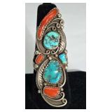 Turquoise & Coral Sterling Ring Size 8.25, 12.35g