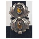 Squash Blossom Tiger Eye & Silver Ring Size 7.5,