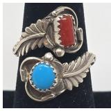Turquoise, Coral & Silver Ring Size 6.5, 4.70g