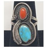 Turquoise, Coral & Silver Ring Size 7.5, 5.13g