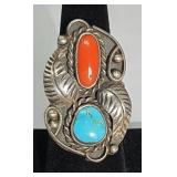 Turquoise & Coral Sterling Ring Size 7, 8.91g