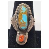 Navajo Coral, Turquoise & Sterling Ring  Size