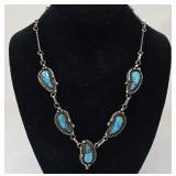 Carved Turquoise & Sterling Feather Necklace