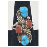 Turquoise, Coral & Silver Ring Size 9, 6.0g