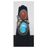 Turquoise, Coral & Silver Ring Size 5.25, 8.61g