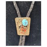 Turquoise, Coral, Bear Claw Bolo