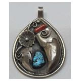 Turquoise, Coral, Claw, & Silver Pendant  23.0g