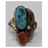 Turquoise & Coral Sterling Ring Size 8,