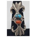 Navajo Turquoise, Coral, & Sterling  Ring Size 6,