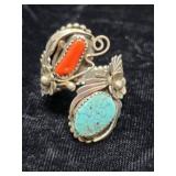 Turquoise & Coral Sterling Ring Size 8.25 14.47g