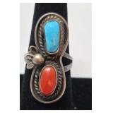 Turquoise, Coral & Sterling Ring Size 8.25, 7.95g