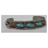 Sterling, Turquoise, & Coral Bracelet Signed L.