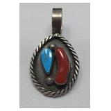 Navajo Turquoise, Coral & Sterling Pendant 18.80