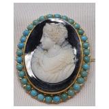 Black Onyx Cameo Framed In Turquoise Snake Eyes