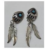 Turquoise &,Sterling  Bear Paw Earrings  Clip On