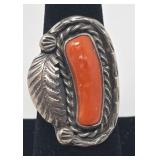 Navajo Turquoise, Coral & Silver Ring Size 7.5,