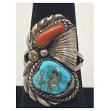 Navajo Turquoise, Coral & Silver Ring Size 7.75,