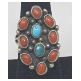 Turquoise, Coral & .925 Silver Ring Size 5.25,