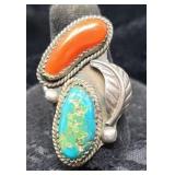 Turquoise, Coral & Sterling Ring Size 8 7.87g