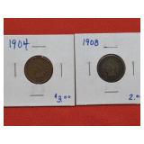1904 & 1908  Indian Head Pennies