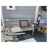 Bench end table, Americana statue, wheelbarrow