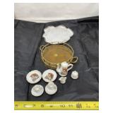 India brass tray and M.J. Hummel mini tea set.