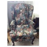 Floral tapestry wingback arm chair with wooden