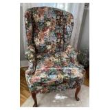 Floral tapestry wingback arm chair with wooden