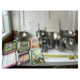 Cook books, aluminum bowls and strainer with