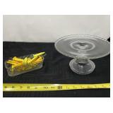 Glass cake dish, butter dish with corn on the cob