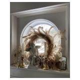 Feather wreath, candles with holders and angel