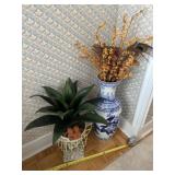 Angel plant stand and tall blue and white vase