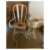 Iron chair, wicker basket, gazing ball holder and