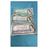 Foreign currency Canada 1, 5 and $10 bills