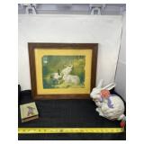 Framed rabbit picture, ceramic rabbit and wood