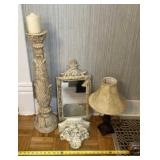Lamp, mirror, candle tall stand and wall hanging