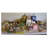 Easter decor including eggs, bird houses, ceramic