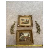 Two framed vintage pictures and hanging wall art,