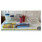 Pitchers, soda rack, aluminum foil, wax paper and