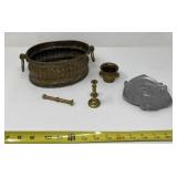 Copper, brass and pewter bird dog decor.