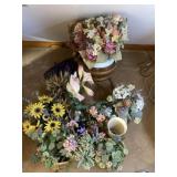 Vase, wooden tripod plant holder, basket and