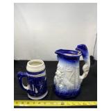 Ironstone blue and white pitcher and stein.
