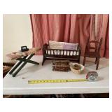 Doll  size ironing board cradle chair, baskets