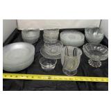Glass salad plates, candy dishes and bowls.