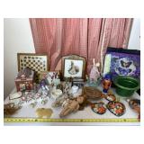 Dolls, goose clock, butterfly bag, figurines and