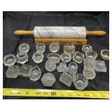 Gourmet rolling pin with stand and salt cellars.