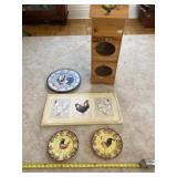 Rooster plates, clock, hanging sign and